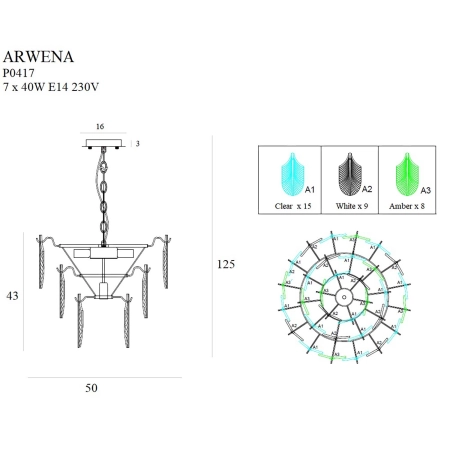 Lampa wisząca z kryształkami w kształcie piór MX P0417 z serii ARWENA - wymiary