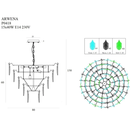 Lampa wisząca z kryształkami imitującymi pióra MX P0418 z serii ARWENA - wymiary