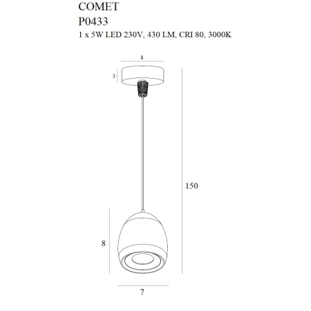 Minimalistyczna lampa wisząca, regulowany zwis MX P0433 z serii COMET - wymiary