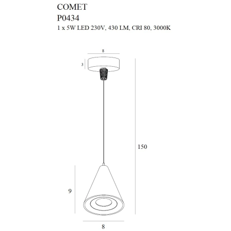 Stylowa lampa wisząca ze stożkową główką LED MX P0434 z serii COMET - wymiary