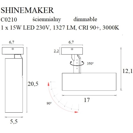 Czarny, regulowany reflektor punktowy LED MX C0210 z serii SHINEMAKER - wymiary