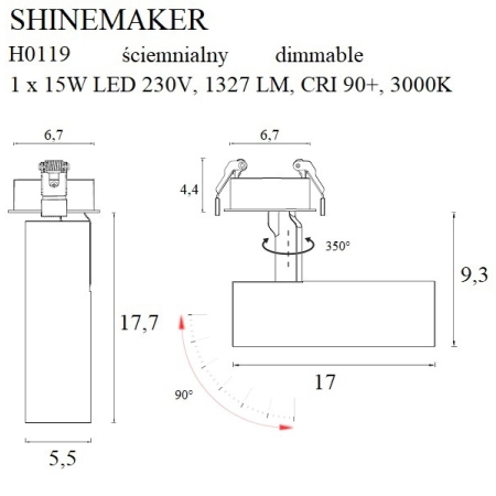 Biały reflektor LED podtynkowy, regulowany MX H0119 z serii SHINEMAKER - wymiary