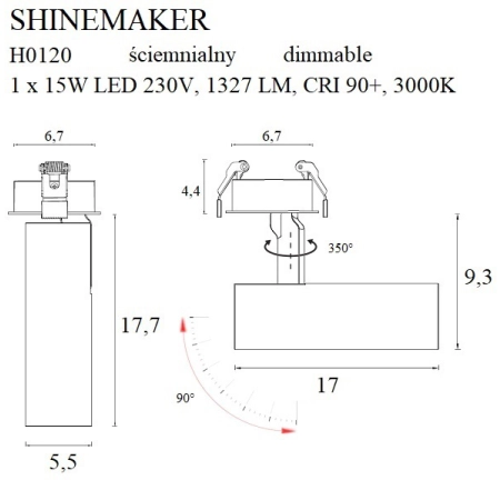 Czarny, spot LED mocowany podtynkowo MX H0120 z serii SHINEMAKER - wymiary