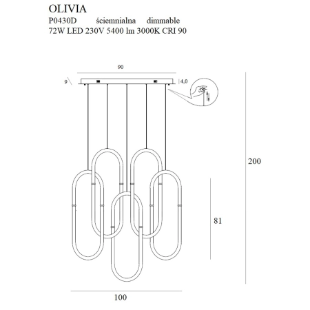 Złota lampa wisząca LED ściemnialna do salonu MX P0430D z serii OLIVIA - wymiary