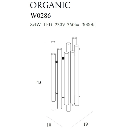 Czarna, ściemnialna lampa ścienna LED MX W0286D z serii ORGANIC - wymiary