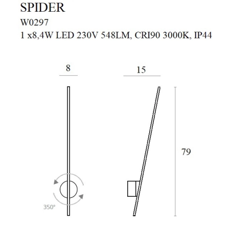 Złota, designerska lampa ścienna LED do łazienki MX W0297 z serii SPIDER - wymiary