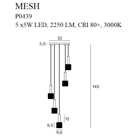 Kaskada czarno-złotych lamp ledowych, do salonu MX P0439 z serii MESH - wymiary