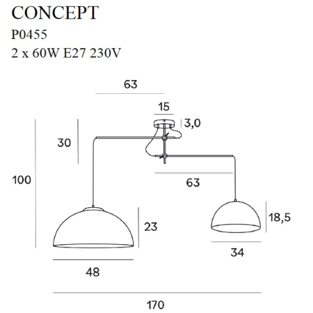 Industrialna lampa sufitowa z regulowanymi ramionami MX P0455 z serii CONCEPT - wymiary
