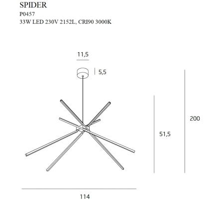 Złota, ledowa, rozłożysta lampa wisząca MX P0457 z serii SPIDER - wymiary