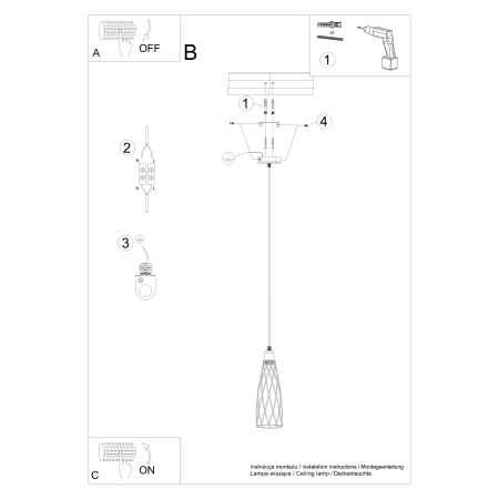 Smukła lampa wisząca z drucianym abażurem SL.1165 z serii SUBA - wymiary 2